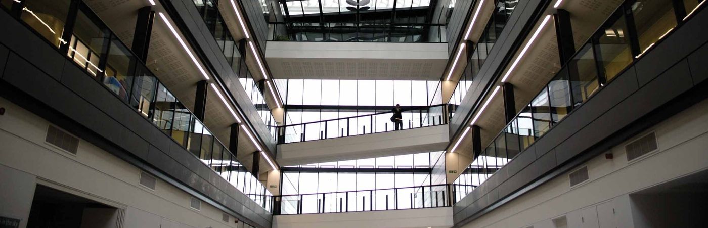 View of the ceiling from the atrium of Alan Turing Building